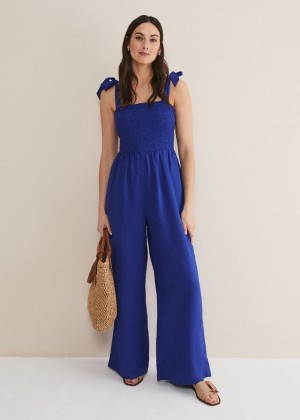 Deep Blue Phase Eight Ona Linen Shirred Wide Leg Jumpsuit | 8915JXERI