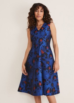 Deep Blue / Multicolor Phase Eight Clarisse Print Jacquard Dress | 9068NYHCK