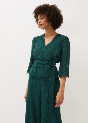 Deep Green Phase Eight Aliza Lace Co-Ord Shirts | 3941OXNVI