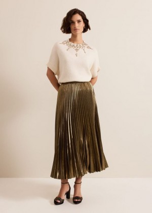 Gold Phase Eight Dhalia Gold Foil Pleated Skirts | 5104KDJYH