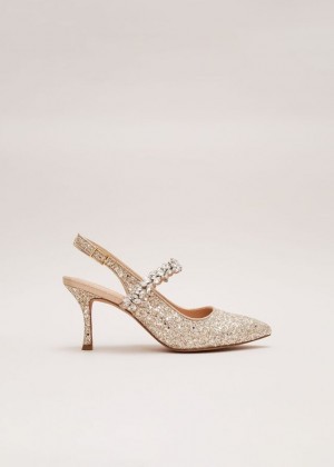 Gold Phase Eight Glitter Embellished Pointed Slingback Heels | 3074FAJNB