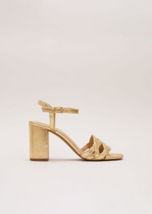 Gold Phase Eight Gold Leather Crossover Block Heels | 4169HGRXF