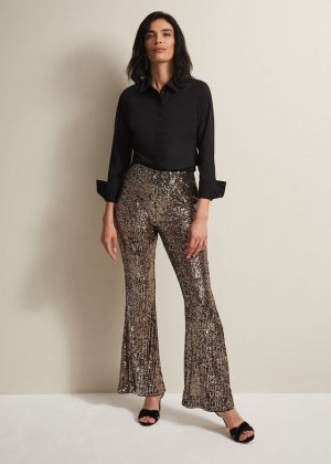 Gold Phase Eight Karmia Gold Sequin Flareds Trousers | 4981NUCKX