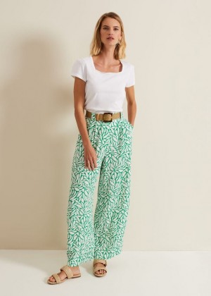 Green Phase Eight Nylah Printed Wide Legs Trousers | 9623MEJBN