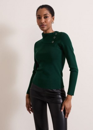 Green Phase Eight Regina Popper Collar Ribbed Knitwear | 5081ZRAXD