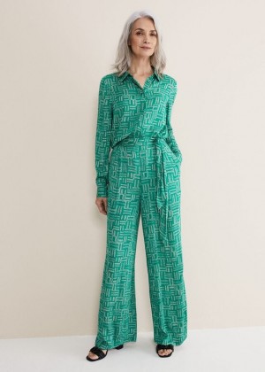 Green / Grey Phase Eight Hatty Wide Legs Trousers | 8791NFPKS