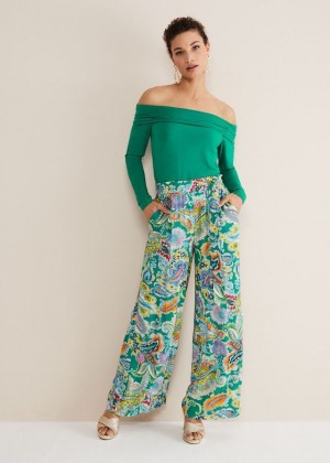 Green / Multicolor Phase Eight Paisley Wide Legs Trousers | 4260WODBQ