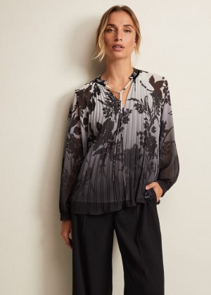 Grey Phase Eight Nayla Shadow Floral Pleat Shirts | 0137PVBOZ