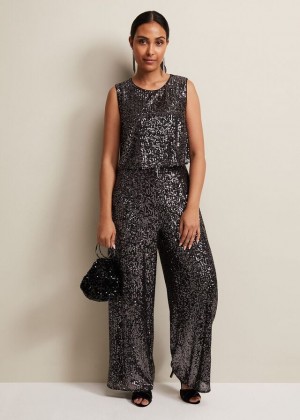 Grey Phase Eight Petite Aubrey Sequin Wide Leg Jumpsuit | 4675TXEGM