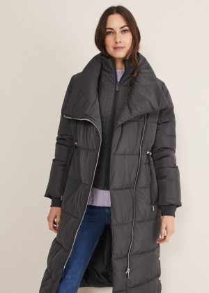 Grey Phase Eight Rae Asymetric Long Puffer Coats | 9457CMSPU