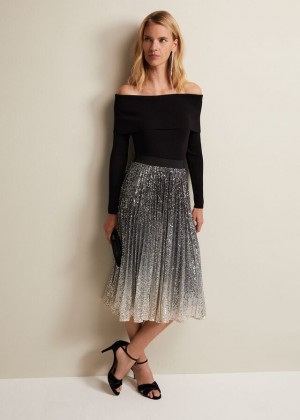 Multicolor Phase Eight Celeste Sequin Ombre Pleated Skirts | 8509UQVKY