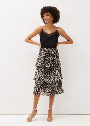 Multicolor Phase Eight Chelsie Leopard Tiered Skirts | 4985VZDNQ