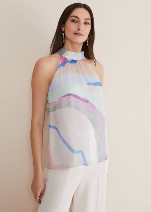 Multicolor Phase Eight Kadie Silk Abstract Halter Neck Shirts | 2518ISMRQ