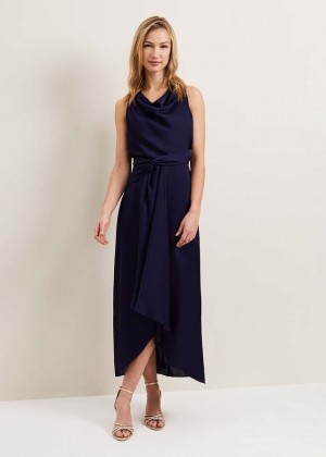 Navy Phase Eight Daliah High Neck Satin Dress | 2081FZJCT