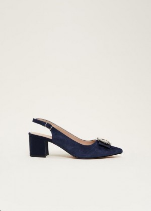 Navy Phase Eight Embellished Toe Block Slingback Heels | 4860NTCKR