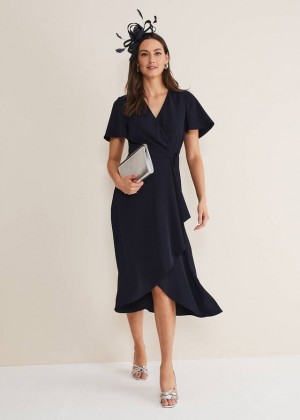 Navy Phase Eight Julissa Ruffle Wrap Dress | 8357UQKHT