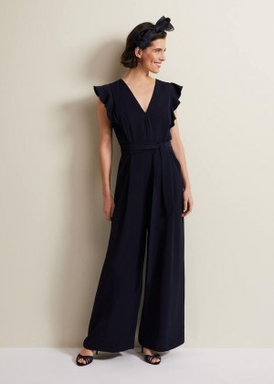 Navy Phase Eight Kallie V Neck Frill Dress | 9156XCKGF