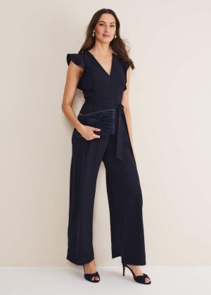 Navy Phase Eight Kallie V Neck Frill Jumpsuit | 8029PHZIG