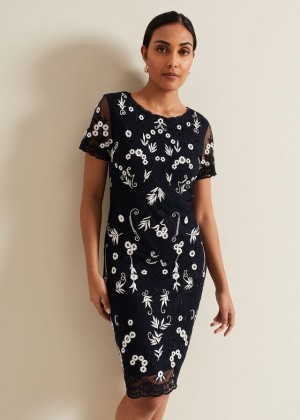 Navy Phase Eight Petite Florisa Embroidered Dress | 1306XJSRC