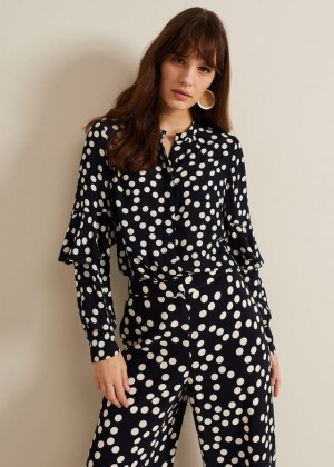 Navy Phase Eight Peyton Polka Dot Frill Shirts | 9637CDRXI