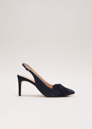 Navy Phase Eight Suede Pointed Bow Slingback Heels | 5089DBAVY