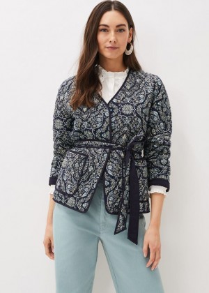 Navy / Multicolor Phase Eight Polly Paisley Reversible Quilted Jackets | 4378CPXEK