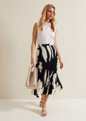 Navy / White Phase Eight Elmina Floral Pleated Skirts | 6503KQFRJ