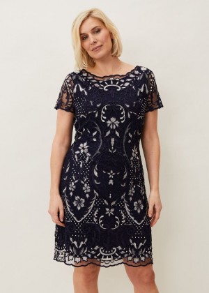 Navy / White Phase Eight Lizzy Embroidered Dress | 0871YXQIA