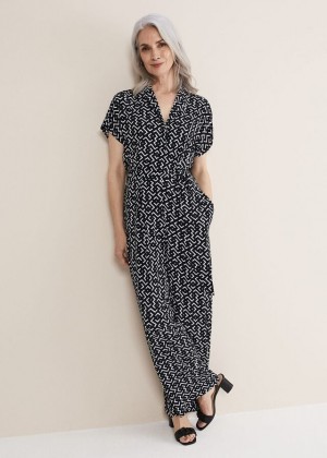 Navy / White Phase Eight Paige Abstract Print Wide Leg Jumpsuit | 6975MSPCA