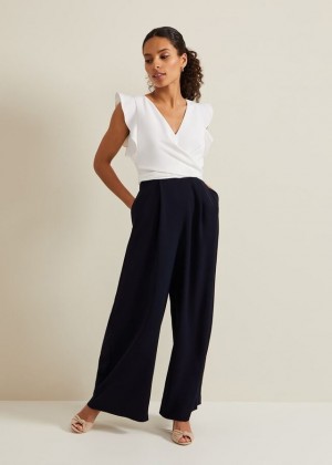 Navy / White Phase Eight Petite Ayla Ruffle Colourblock Jumpsuit | 0152ECTIA