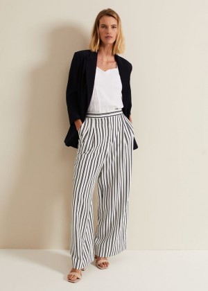 Navy / White Phase Eight Selene Striped Wide Legs Trousers | 5031GTQRV