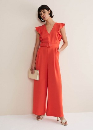 Orange Phase Eight Kallie V Neck Frill Jumpsuit | 6213LNXCZ