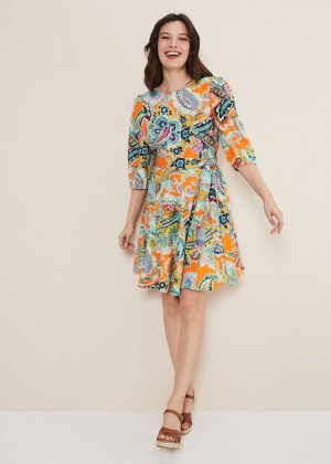 Orange / Multicolor Phase Eight Azalia Paisley Linen Swing Dress | 4286SPJRN