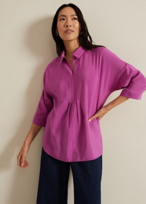 Pink Phase Eight Cynthia Pleat Zip Front Shirts | 0218HTPXV