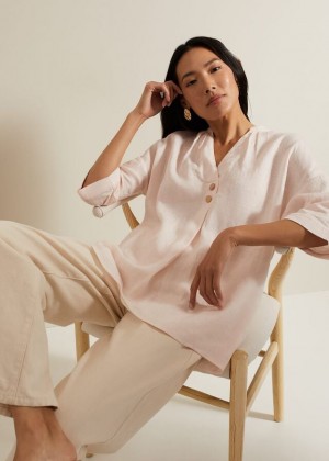 Pink Phase Eight Posie Button Front Linen Shirts | 2038FLHZQ