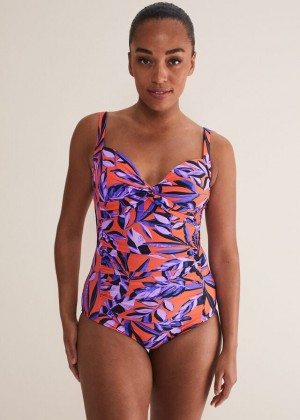 Purple / Orange Phase Eight Leaf Print Swimwear | 2758BFTVK