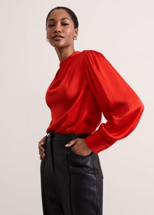 Red Phase Eight Danica Satin Drape Shirts | 4782OLTMA