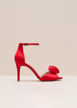 Red Phase Eight Red Satin Corsage Flower Heels | 1245UZKGP