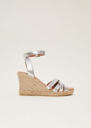 Silver Phase Eight Leather Strappy Espadrilles Flats | 9614AWEXP