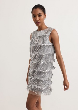 Silver Phase Eight Lula Fringe Sequin Dress | 7431OFHBG