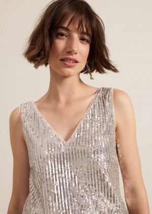 Silver Phase Eight Lumi Sequin Vest T Shirts | 2438OMYRG