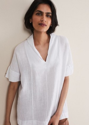 White Phase Eight Carita V-Neck Linen Shirts | 6317LDGUO