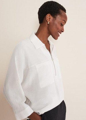 White Phase Eight Cynthia Zip Front Shirts | 7283KJLWR