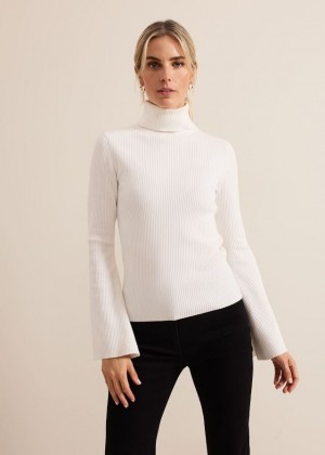 White Phase Eight Fran Fluted Sleeve Ribbed Roll Neck Knitwear | 6128OIFLG