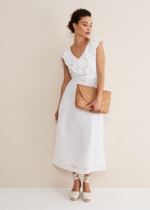 White Phase Eight Julieta Linen Ruffle Broderie Dress | 5807ZNSVY