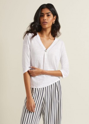 White Phase Eight Leah Linen T Shirts | 4602RNIYC