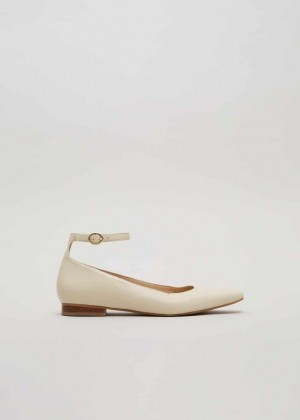 White Phase Eight Leather Almond Toe Strap Ballerina Flats | 6248DIFSJ