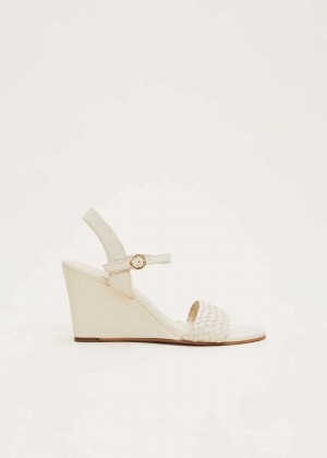 White Phase Eight Leather Plait Strap Wedge Heels | 1472MAQKJ