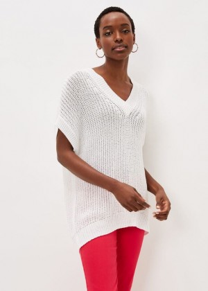 White Phase Eight Lizzia V-Neck Stitch Knitwear | 7168QYTXA