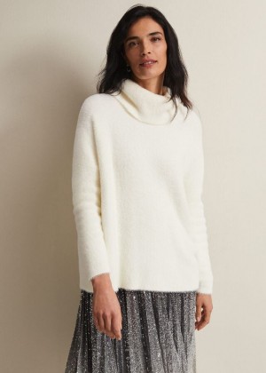 White Phase Eight Natalia Fluffy Roll Neck Knitwear | 1038JSXYV